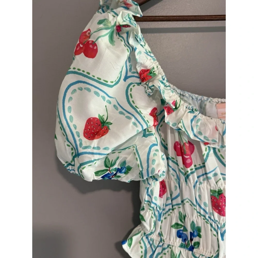 Us Together Fruit Print Maxi Dress Smocked Tiered Cherry Strawberry Blueberry Lg - Picture 6 of 15